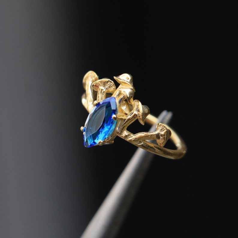 925k Sterling Silver Gold Plated Mushroom Marquise Sapphire Ring, Silver Magic Mushroom Jewelry, Oyster Mushroom Ring, Gold Sapphire Ring image 7