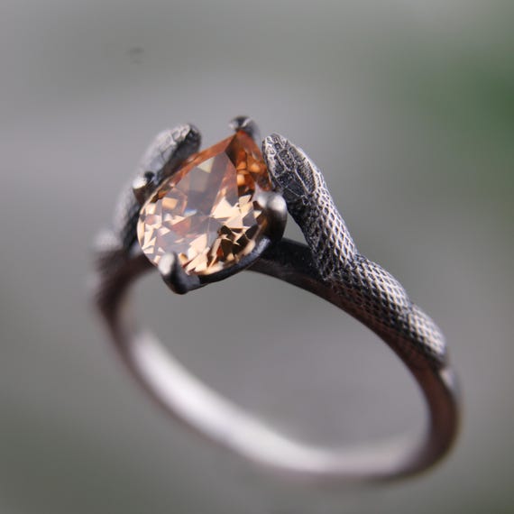 Oxidized Silver Citrine Snake Ring – November Birthstone Jewelry, Gothic Serpent Ring, Teardrop Orange Gemstone