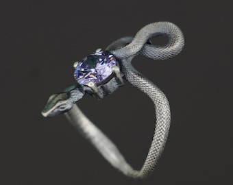 Oxidized Sterling Silver Snake Ring, Handmade Amethyst Jewelry
