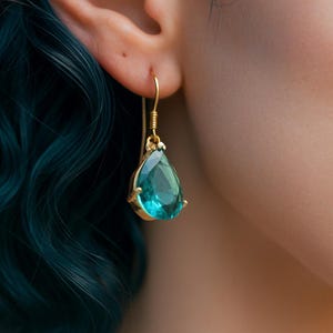 Emerald Green & Crystal Teardrop Jewel Huggie Hoop Earrings, 14k Gold Earrings
