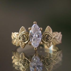 Moissanite Rose Flower Ring, Gold Plated Silver Moissanite Ring, Engagement Rings, Unique Marriage Proposal Ring, 14k Gold Engagement Ring