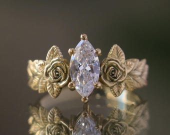 Moissanite Rose Flower Ring, Gold Plated Silver Moissanite Ring, Engagement Rings, Unique Marriage Proposal Ring, 14k Gold Engagement Ring