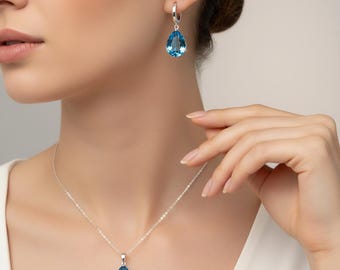 Dainty Blue Topaz Jewelry Set: Sterling Silver Necklace & Earrings