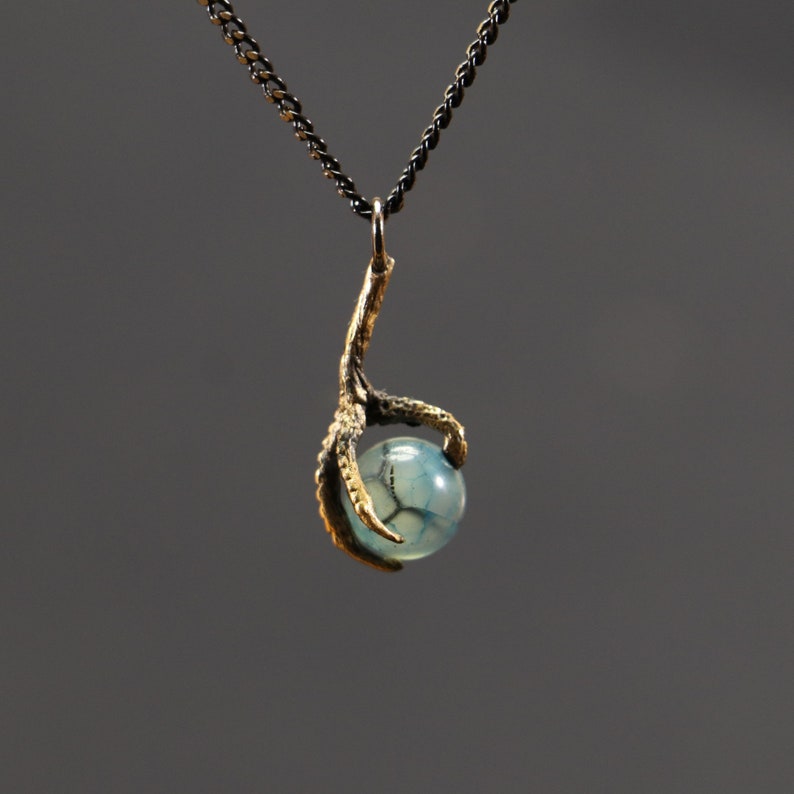 Claw Stone Necklace Bronze Dragon Claw Pendant Blue Etsy