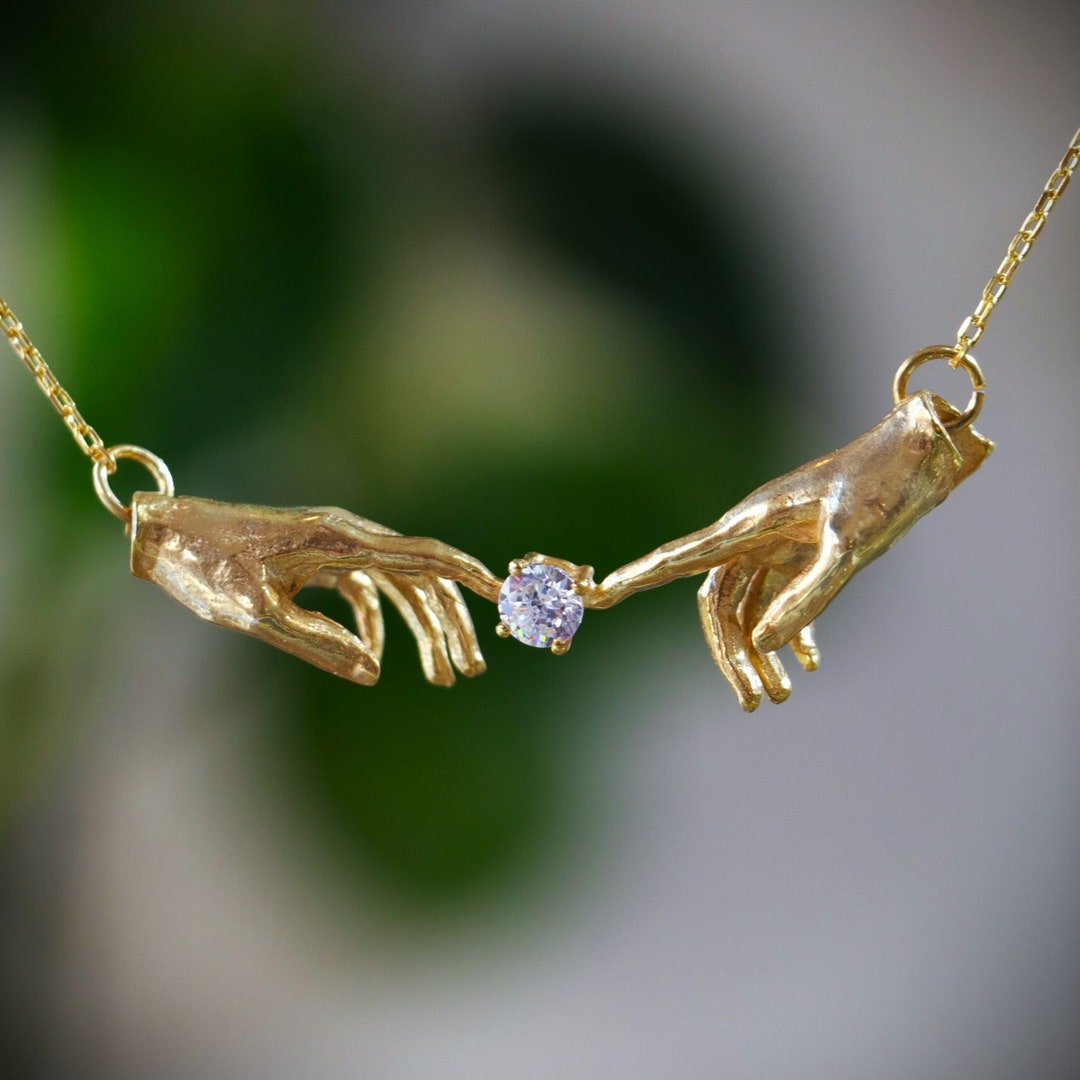 925 Silver Hands the Creation of Adam Moissanite Necklace, Sistine