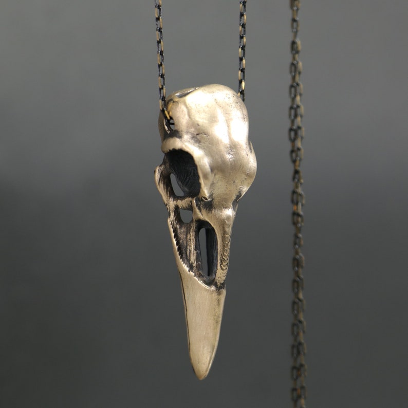 May include: A silver pendant necklace featuring a detailed bird skull design. The pendant is attached to a thin gold chain.