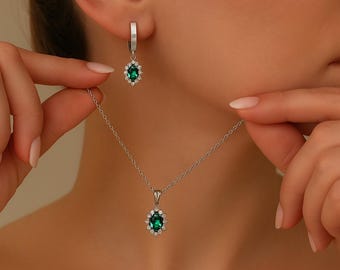 Smaragd Schmuck Set, Sterling Silber Halskette, Ohrringe & Ring, Mai Birthstone