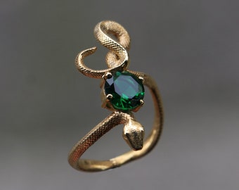 Snake Emerald Gold Plated Ring,  925 Sterling Silver Ring, Emerald Gold Snake Silver Ring, Emerald Snake Silver Ring, Animal Snake Jewelry