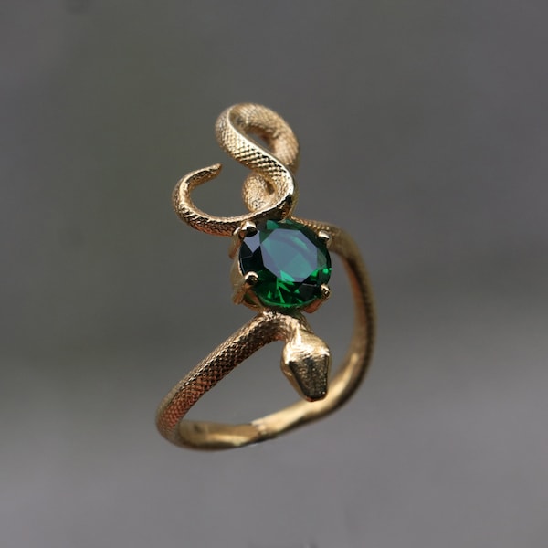 Snake Emerald Gold Plated Ring,  925 Sterling Silver Ring, Emerald Gold Snake Silver Ring, Emerald Snake Silver Ring, Animal Snake Jewelry