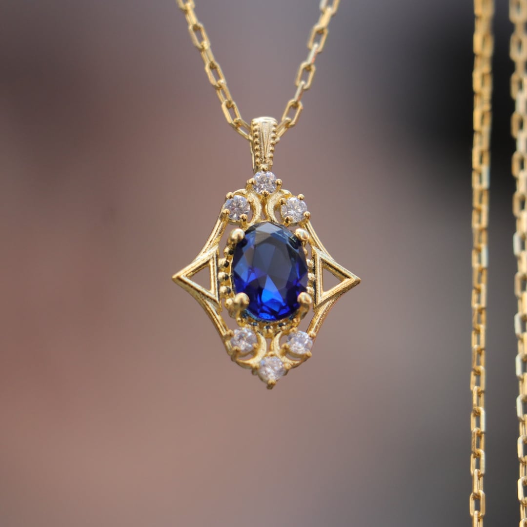 Vintage Blue Sapphire Necklace, Dainty Gold Necklace, Gold Vermeil ...