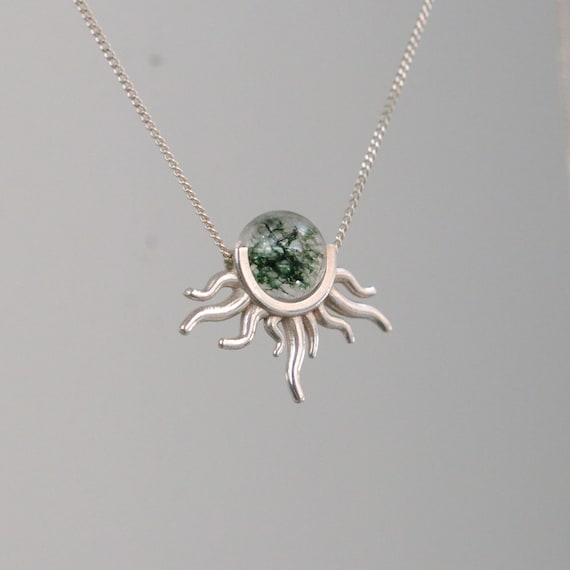 Moss Agate Sun Necklace, Real Moss Agate Sun Pendant, 925 Sterling Silver Moss Agate, Bridesmaid Gift, Real Moss Agate Jewelry, Minimalist
