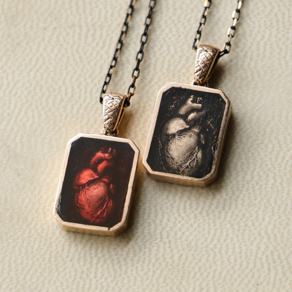 Antique Bronze Anatomical Heart Necklace, Gothic Witch Jewelry