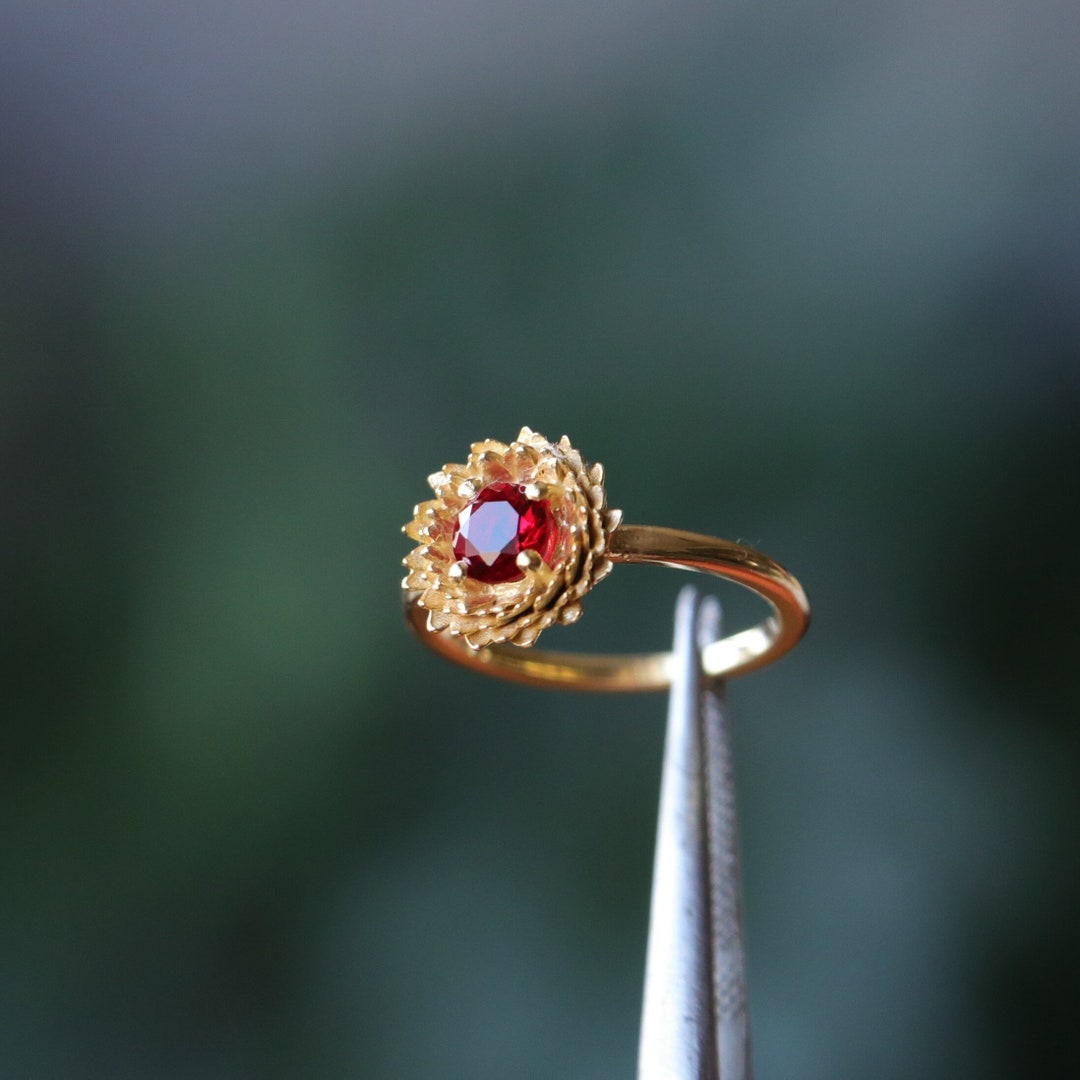 Birth Flower Ruby Gold Ring, Floral Ring, Minimalist Ring, Dainty Mom ...