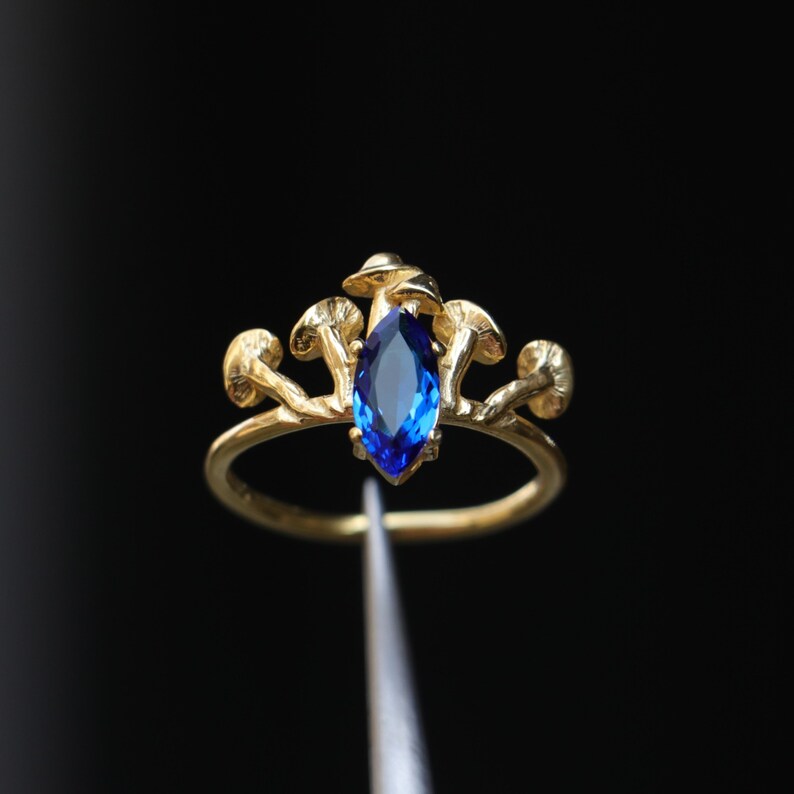 925k Sterling Silver Gold Plated Mushroom Marquise Sapphire Ring, Silver Magic Mushroom Jewelry, Oyster Mushroom Ring, Gold Sapphire Ring image 6