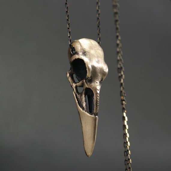 Raven Skull Necklace, Bronze Crow, Gothic Jewelry