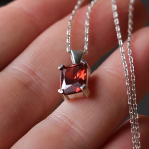 Pu&ograve; includere: Una collana d'argento con un pendente quadrato di pietra preziosa rosso scuro. Il pendente &egrave; incastonato in una montatura d'argento e pende da una delicata catena. La pietra preziosa ha una superficie sfaccettata.