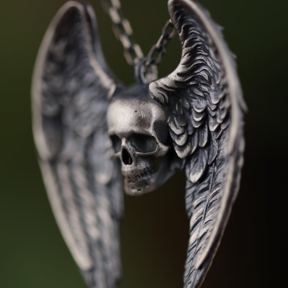 Men Pendant Necklace, 925 Sterling Silver Skull Wings Necklace