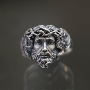 Anillo de cabeza de Jesús en plata de ley 925, anillo personalizado con corona de espinas, anillo con sello del Salvador, anillo hecho a mano con corona de espinas de Jesucristo.