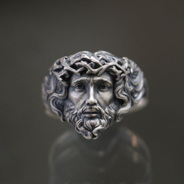 925 Sterling Silver Jesus Head Ring, Custom Crown of Thorns Ring, The Savior Signet Ring, Jesus Christ Crown of Thorns Handmade Ring