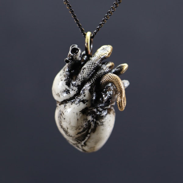 Collier fait main en marbre, bijoux anatomiques coeur humain, cadeau Saint-Valentin, collier coeur serpent, collier anatomique, cadeau pour médecin