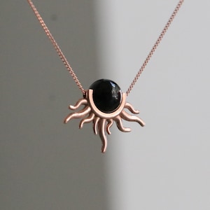 18k Rose Gold Black Onyx Necklace - Genuine Black Onyx Round Pendant - Flowing Silver Necklace - Minimalist, Dainty & Delicate Necklace