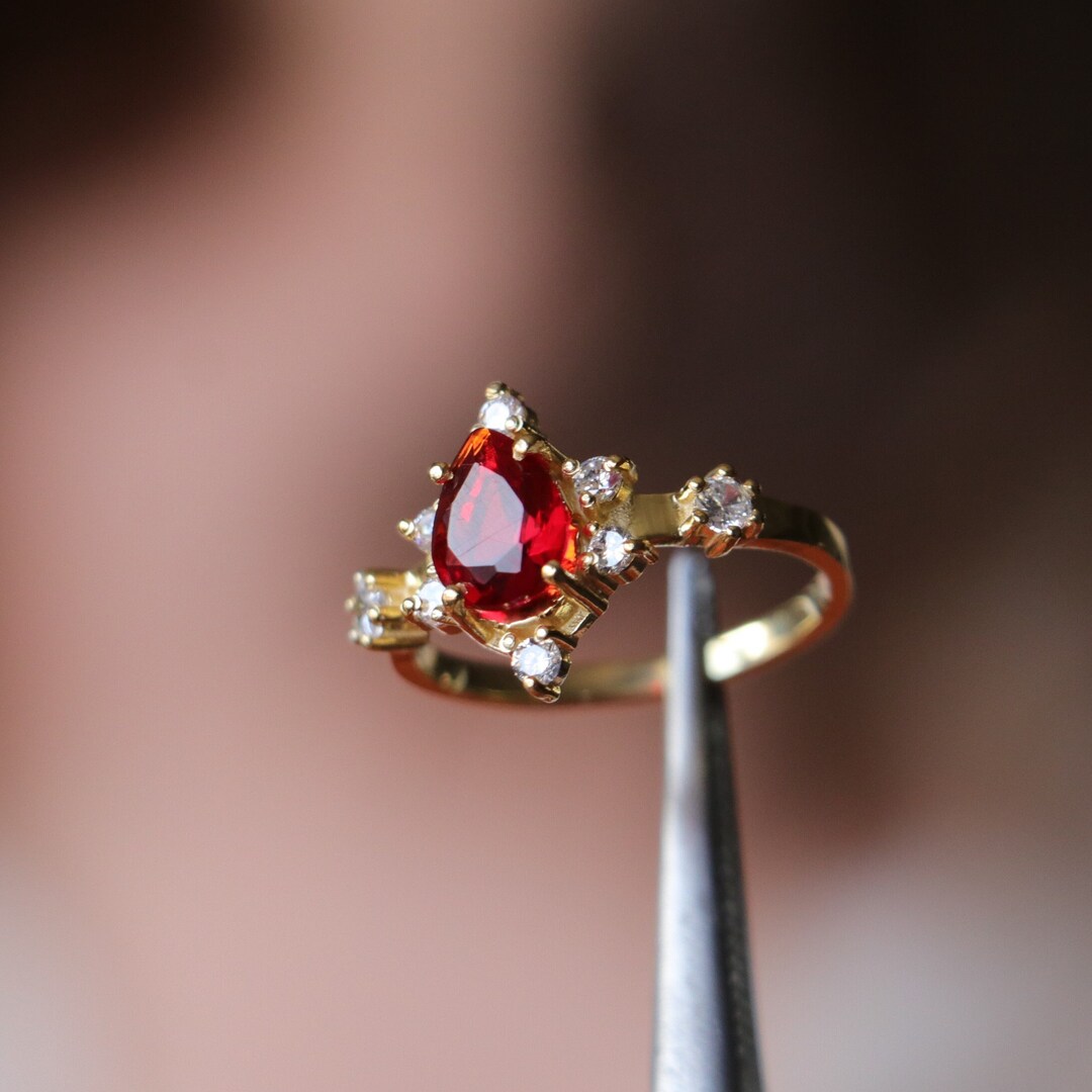 Ruby Statement Ring With Moissanite Pear Cut Red Ruby - Etsy