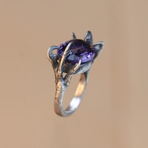 Amethyst Birthstone Claw Ring 925 Oxidized Silver, Gothic Claw Rings, Black Nail Ring Claw, Dark Nail, Cosplay Decor