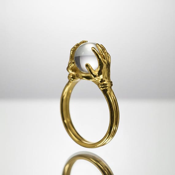 Handmade Gold Plated Witch Ring, Clear Quartz Ball