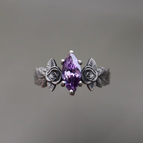 Amethyst 925 Silver Marquise Ring, Flower Amethyst Ring, Purple Stone Silver Ring, Alternative Amethyst Engagement Ring,Unique Amethyst Ring