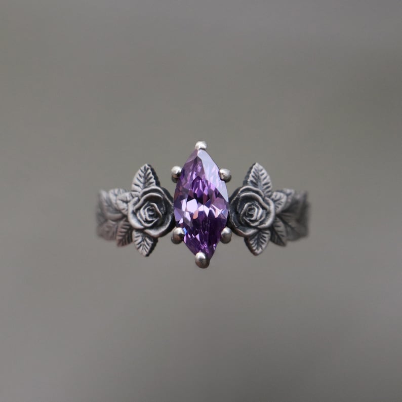 Amethyst 925 Silver Marquise Ring, Flower Amethyst Ring, Purple Stone Silver Ring, Alternative Amethyst Engagement Ring,Unique Amethyst Ring image 1