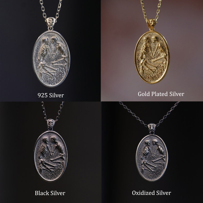 May include: Four silver pendants with a design of two skeletons embracing. The pendants are shown on chains in four different finishes: 925 Silver, Gold Plated Silver, Black Silver, and Oxidized Silver.