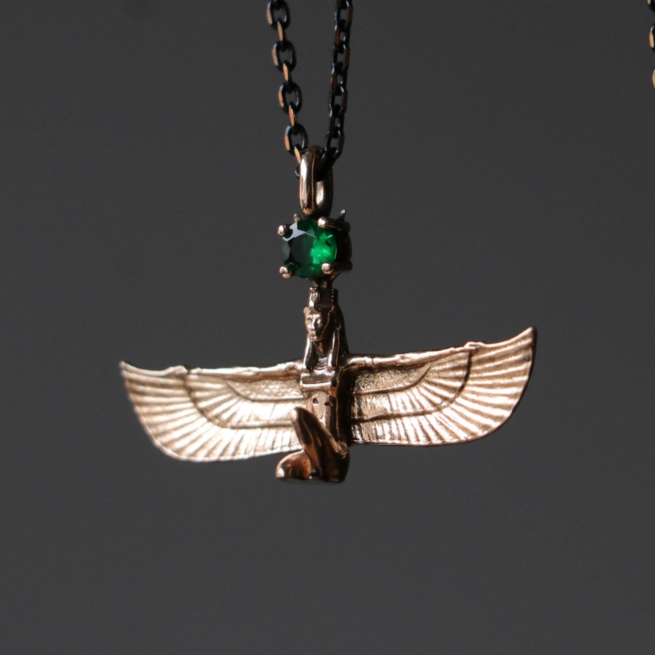 Emerald Isis Necklace, Emerald Egypt Pendant, Isis Pendant, Ancient Egypt Silver Jewelry, Mythology Silver Necklace, Antique Jewelry