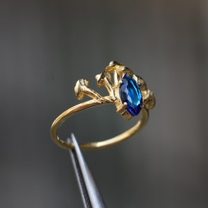925k Sterling Silver Gold Plated Mushroom Marquise Sapphire Ring, Silver Magic Mushroom Jewelry, Oyster Mushroom Ring, Gold Sapphire Ring image 5