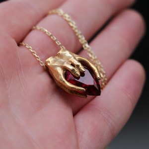 Gold Plated Garnet Hand 925K Silver Pendant, 925 Silver Gold Plated Garnet Design Pendant, Silver Garnet Necklace, Garnet Silver, Gold Ruby