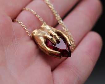 Gold Plated Garnet Hand 925K Silver Pendant, 925 Silver Gold Plated Garnet Design Pendant, Silver Garnet Necklace, Garnet Silver, Gold Ruby