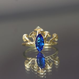 925k Sterling Silver Gold Plated Mushroom Marquise Sapphire Ring, Silver Magic Mushroom Jewelry, Oyster Mushroom Ring, Gold Sapphire Ring image 3