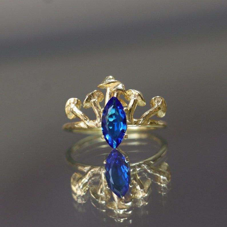 925k Sterling Silver Gold Plated Mushroom Marquise Sapphire Ring, Silver Magic Mushroom Jewelry, Oyster Mushroom Ring, Gold Sapphire Ring image 3