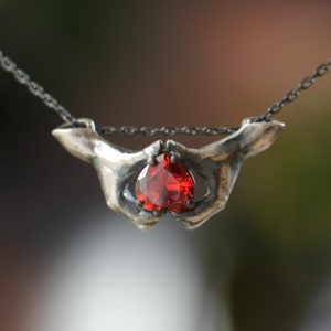 May include: A silver necklace with a pendant of two hands holding a red heart-shaped gemstone.