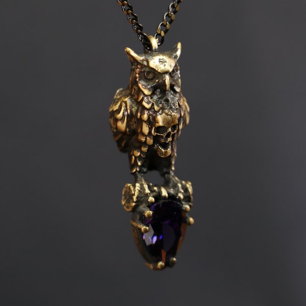 Owl Men Necklace, Owl and Skull Necklace, Unique Necklace, Animal Necklace, Onyx Necklace, Mens Gift Necklace, Amethyst Necklace