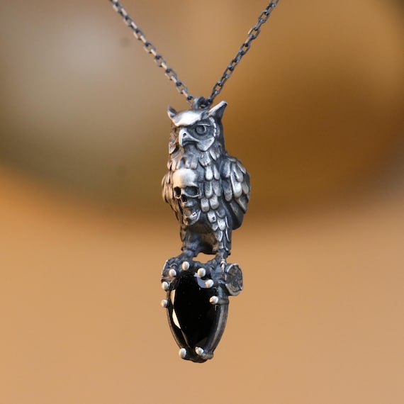Collana In Argento 925 Con Teschio Di Gufo, Onice, Ciondolo Animale Fatto A Mano - Italia - Foto 4