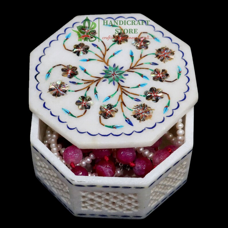 Marble Inlay Box Ablone Shell Semi-Precious Stone Inlaid with Filligiri Work
