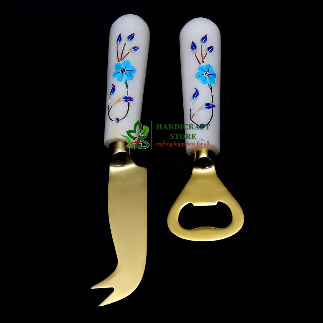 Cheese Knives & Bottle Opener Set of 2 Marble Inlay and Brass Etsy