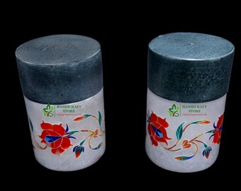 Salt & Pepper Shaker Marble Inlay Twin Colour Alabaster and Grey Marble Set of 2 Pcs.