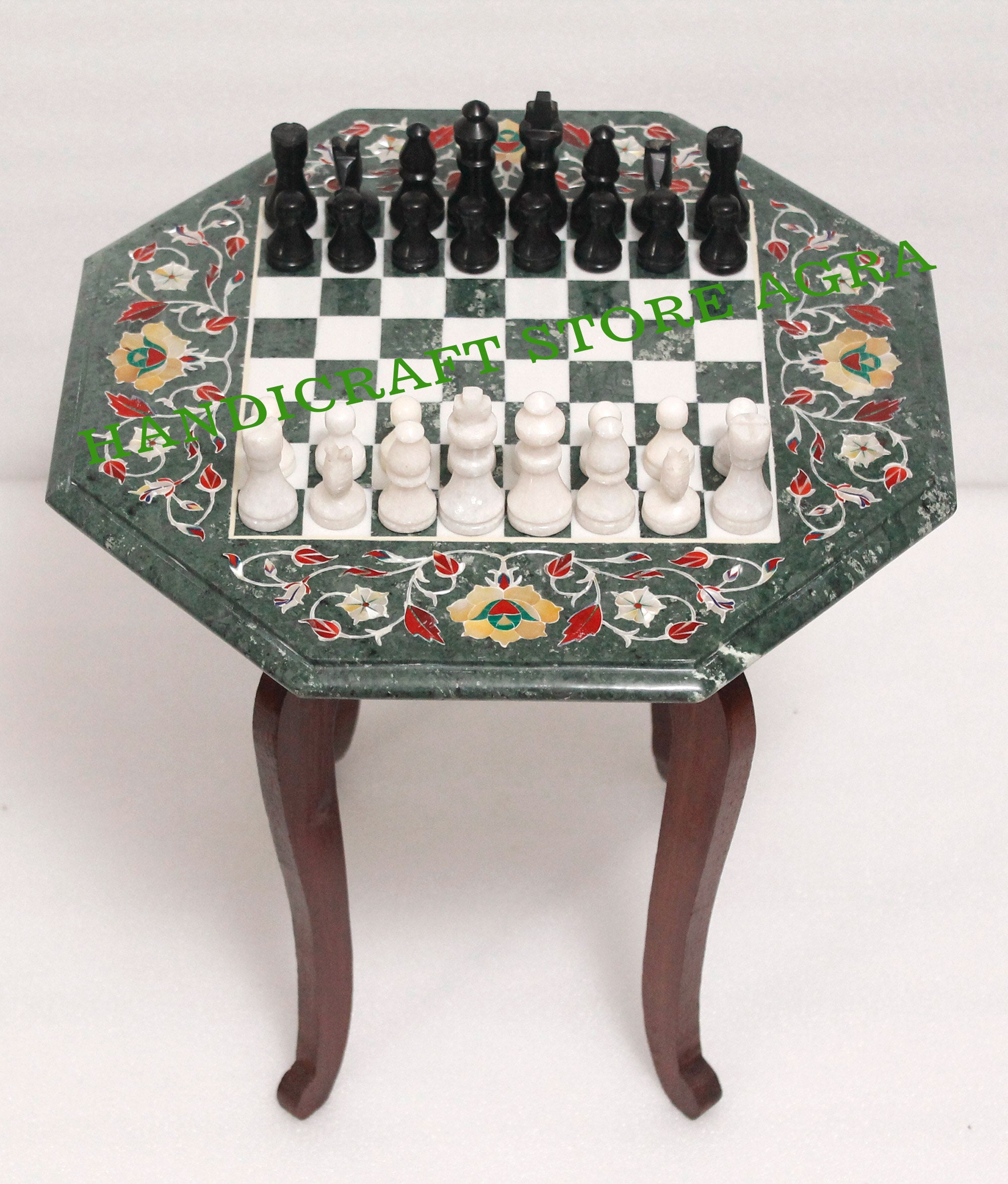 Green Marble Chess Table with Chess Figure & Woodden Stand for Etsy