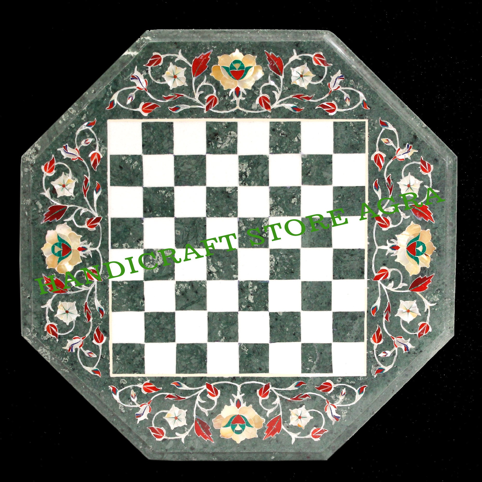 Green Marble Chess Table with Chess Figure & Woodden Stand for Etsy