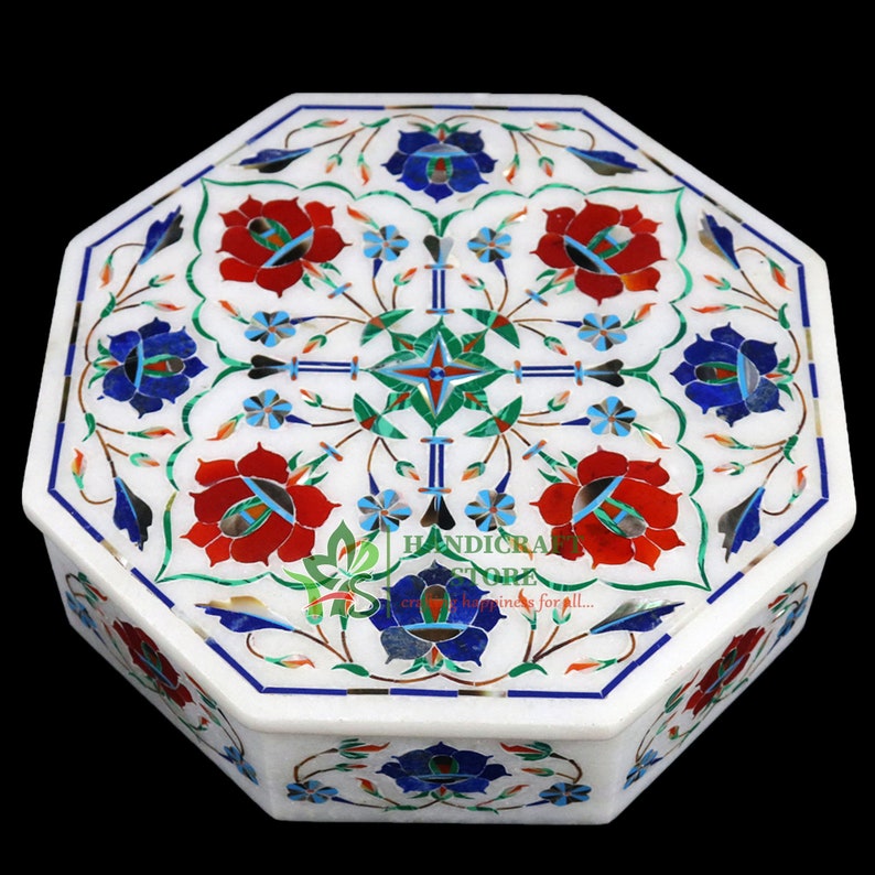 White Marble Jewelry Box Lapis Carnelian Floral Inlay Marquetry Works Wedding Gift