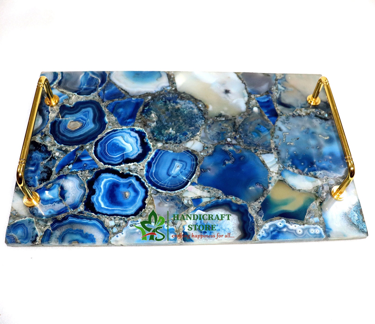 Blue Agate Serving Tray With Brass Handles and Coaster set Etsy