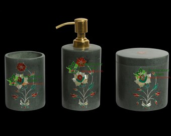 Bathroom Set Grey Marble Inlay with Semi Precious Stone For Bathroom and Kitchen Decor sET OF 3 Pcs.