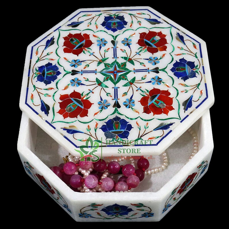White Marble Jewelry Box Lapis Carnelian Floral Inlay Marquetry Works Wedding Gift