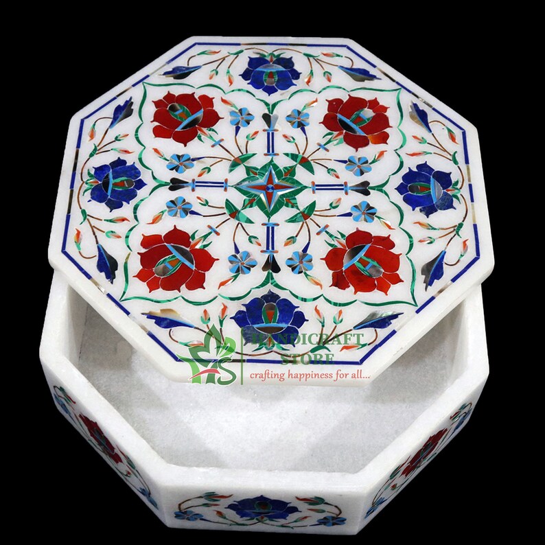 White Marble Jewelry Box Lapis Carnelian Floral Inlay Marquetry Works Wedding Gift